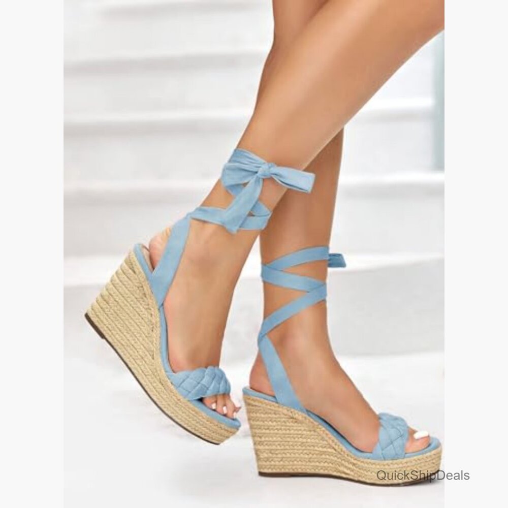 Suede Espadrille Wedge Sandals with Braid and Lace Up Ankle Strap - Picture 3 of 6